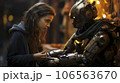 Girl talking with a robot 106563670