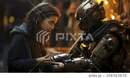 Girl talking with a robot 106563670