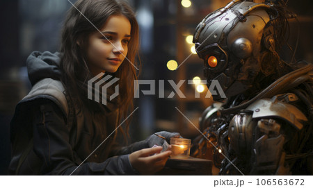 Girl talking with a robot 106563672