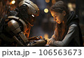 Girl talking with a robot 106563673