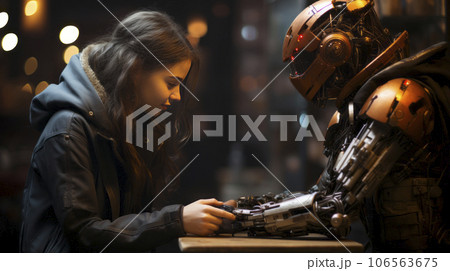 Girl talking with a robot 106563675