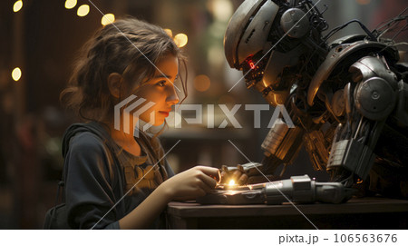 Girl talking with a robot 106563676