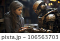 Girl talking with a robot 106563703