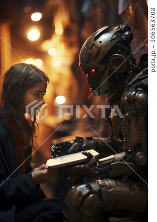 Girl talking with a robot 106563708