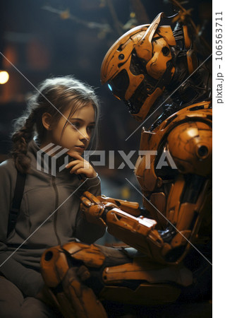 Girl talking with a robot 106563711