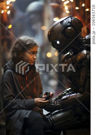 Girl talking with a robot 106563716