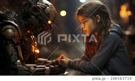 Girl talking with a robot 106563719