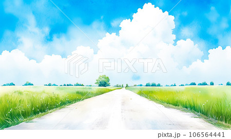 田園の中の真っすぐ続く道の水彩イラスト「AI生成画像」 田園の中の真っすぐ続く道の水彩イラスト「AI生成画像」 106564441