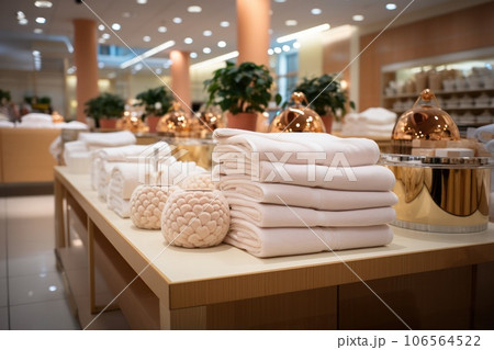 stacks of white towels in a boutique.  106564522