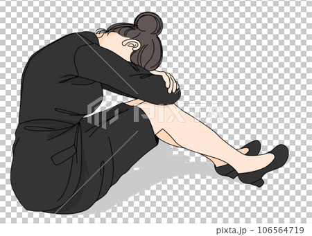 一個憂心忡忡的女人坐著抱著膝蓋的彩色插圖 106564719