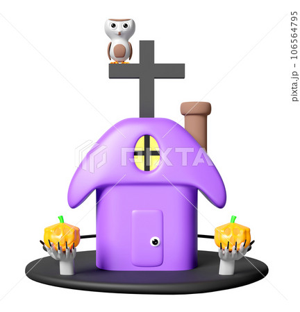 3d happy halloween day with haunted house, cute owl perched on cross, zombie hand holding a pumpkin lantern isolated. holiday party, 3d render illustration 3d happy halloween day with haunted house, cute owl perched on cross, zombie hand holding a pumpkin lantern isolated. holiday party, 3d render illustration 106564795
