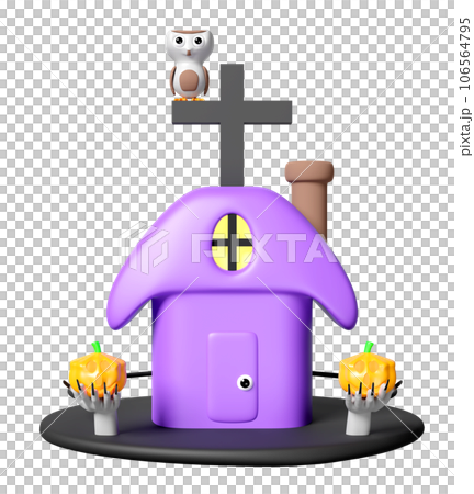 3d happy halloween day with haunted house, cute owl perched on cross, zombie hand holding a pumpkin lantern isolated. holiday party, 3d render illustration 3d happy halloween day with haunted house, cute owl perched on cross, zombie hand holding a pumpkin lantern isolated. holiday party, 3d render illustration 106564795