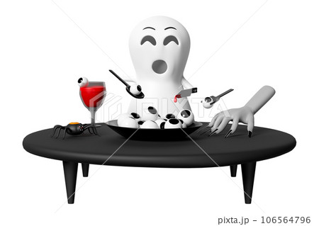 3d happy halloween party with cute ghost holding a bloody knife wineglass, cocktail eyes, zombie hand isolated. 3d render illustration 106564796