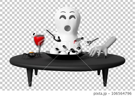 3d happy halloween party with cute ghost holding a bloody knife wineglass, cocktail eyes, zombie hand isolated. 3d render illustration 106564796