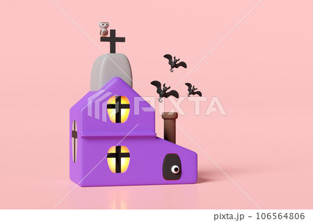 3d happy halloween day with haunted house, cute owl perched on cross, bats isolated on pink background. holiday party, 3d render illustration 3d happy halloween day with haunted house, cute owl perched on cross, bats isolated on pink background. holiday party, 3d render illustration 106564806