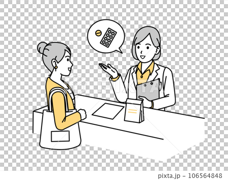 A female pharmacist wearing a white coat explaining medicine A female pharmacist wearing a white coat explaining medicine 106564848
