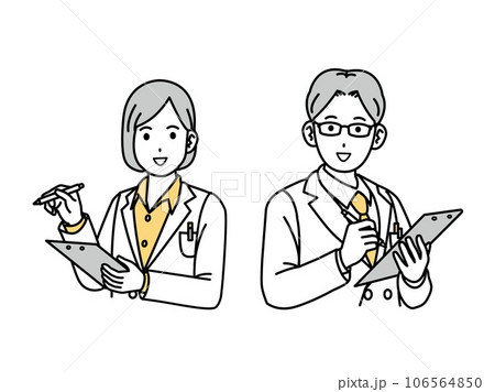 カウンセリングをする白衣を着た男女の医師 106564850