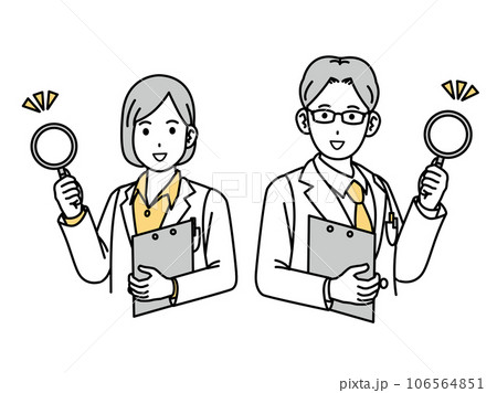 虫眼鏡を持つ白衣を着た男女の医師 虫眼鏡を持つ白衣を着た男女の医師 106564851