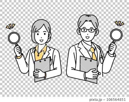 虫眼鏡を持つ白衣を着た男女の医師 虫眼鏡を持つ白衣を着た男女の医師 106564851