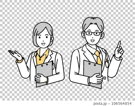 Male and female doctors in white coats explaining and speaking 106564854