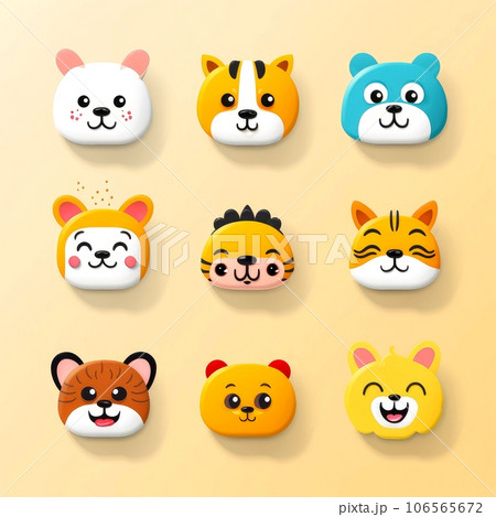 Set of animal faces, face emojis, stickers, emoticons,cartoon funny mascot characters face set, Generative AI illustration 106565672