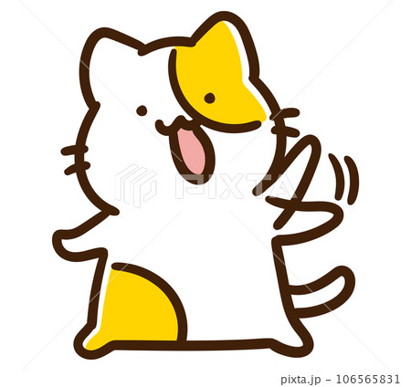 全力で手を振ってお見送りをするかわいいねこのキャラクターのデフォルメイラスト 106565831