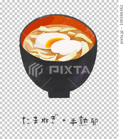 Miso soup with onions and soft-boiled eggs / delicious food illustration 106566362
