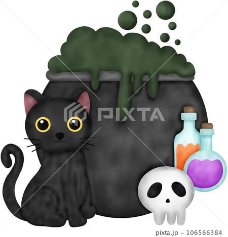 Watercolor Black Cat with Cauldron and Poison Bottle 106566384