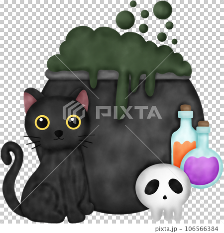 Watercolor Black Cat with Cauldron and Poison Bottle 106566384