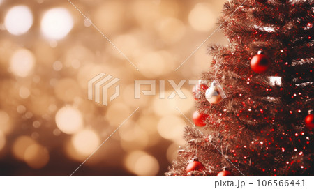 Christmas tree with bauble ornament decoration on blur background with copy space for design. happy new year and holiday seasonal festive backdrop concept. generative AI 106566441