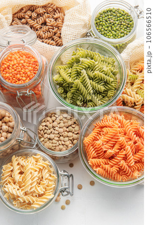 A variety of fusilli pasta from different types of legumes. Gluten-free pasta. 106566510