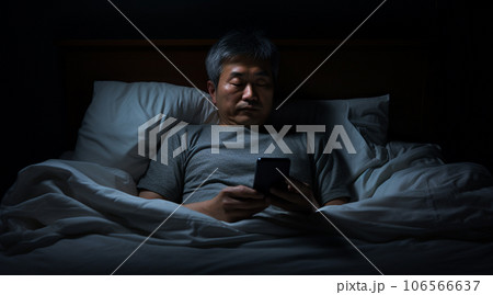 暗い部屋でベッドに寝ながらスマホを触る日本人男性 106566637