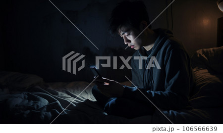 暗い部屋でベッドに寝ながらスマホを触る日本人男性 106566639