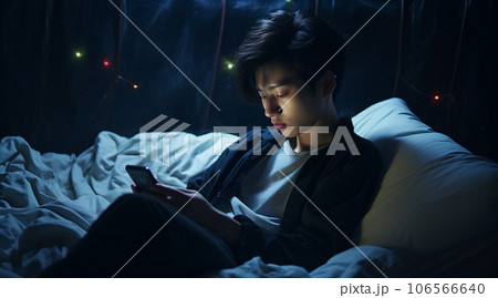 暗い部屋でベッドに寝ながらスマホを触る日本人男性 106566640