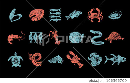 Fishes, arthropods and seafood in a abstract draw design. Simple, flat design. Patterns and backgrounds. Fishes, arthropods and seafood in a abstract draw design. Simple, flat design. Patterns and backgrounds. 106566700