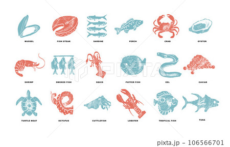 Fishes, arthropods and seafood in a abstract draw design. Simple, flat design. Patterns and backgrounds. Fishes, arthropods and seafood in a abstract draw design. Simple, flat design. Patterns and backgrounds. 106566701