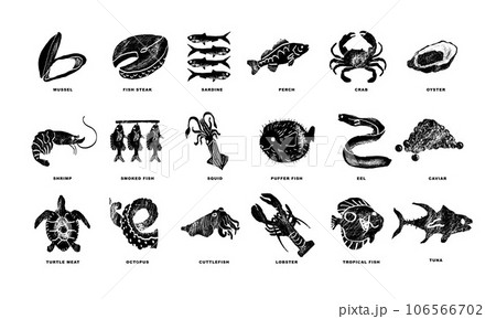 Fishes, arthropods and seafood in a abstract draw design. Simple, flat design. Patterns and backgrounds. Fishes, arthropods and seafood in a abstract draw design. Simple, flat design. Patterns and backgrounds. 106566702