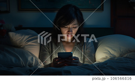 夜のベッドルームでスマホを使う日本人女性 106566816