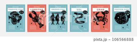 Tropical fish, lobster, smoked fish, eel, crab, puffer fish. Set of posters of fishes and seafood in a abstract draw design. Label or poster, price tag. Simple, flat design. Patterns and backgrounds. 106566888