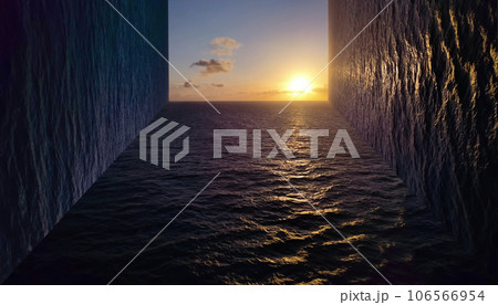 Abstract water of sea or ocean with optical effect - art collage - sunset 106566954