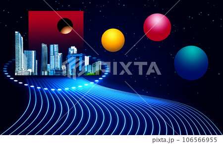 Modern art collage with evening view. Lights night road with motion blur effect in bright neon colors. Contemporary art poster in minimal and surreal style. Modern art collage with evening view. Lights night road with motion blur effect in bright neon colors. Contemporary art poster in minimal and surreal style. 106566955