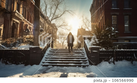 Person walking up the stairs covered in snow 106566990