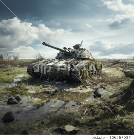 Defeated tank on the field 106567087