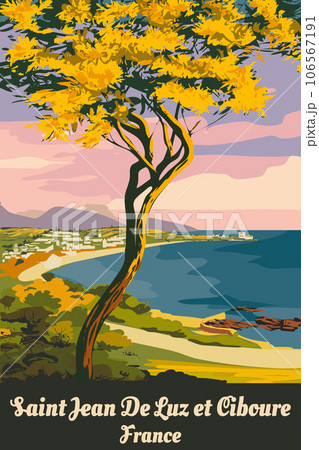 French Saint Jean de Luz coast poster vintage. Resort, coast, sea, seaview. Retro style illustration vector 106567191