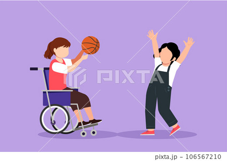 Cartoon flat style drawing of happy lifestyle of disabled people concept. Little girl in wheelchair playing ball with female friend outdoors living active lifestyle. Graphic design vector illustration Cartoon flat style drawing of happy lifestyle of disabled people concept. Little girl in wheelchair playing ball with female friend outdoors living active lifestyle. Graphic design vector illustration 106567210