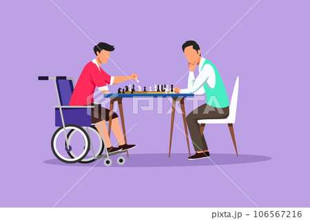 Cartoon flat style drawing disabled man in wheelchair plays chess with friend. People on social adaptation, hobby, tolerance, inclusive, accessibility and diversity. Graphic design vector illustration 106567216