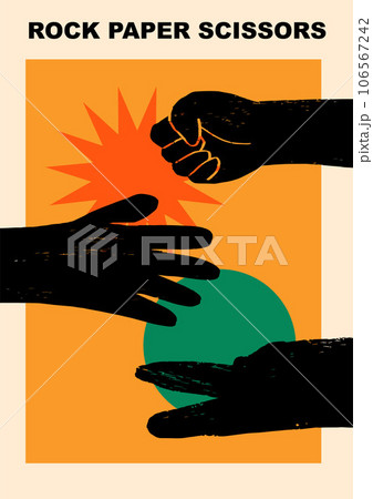 Abstract poster with hands. Ink graphic with geometrical shapes on back. Rock, Scissor and paper hand sign. Simple, flat design. Patterns and backgrounds. For poster, cover, banner. Abstract poster with hands. Ink graphic with geometrical shapes on back. Rock, Scissor and paper hand sign. Simple, flat design. Patterns and backgrounds. For poster, cover, banner. 106567242