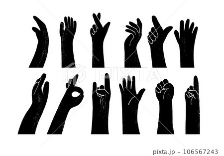 Abstract Ink hands poses. Hand holding and pointing gestures, fingers crossed, fist, peace and thumb up. Simple, flat design. Patterns and backgrounds. For poster, cover, banner. Abstract Ink hands poses. Hand holding and pointing gestures, fingers crossed, fist, peace and thumb up. Simple, flat design. Patterns and backgrounds. For poster, cover, banner. 106567243