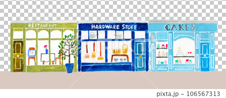 水彩で描いた通りにあるロンドンのお店3軒セット1 106567313