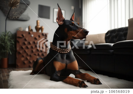 Black and brown dog sitting on a comfortable couch, enjoying some quality indoor time with its owners and taking a well-deserved rest. is AI Generative. 106568019